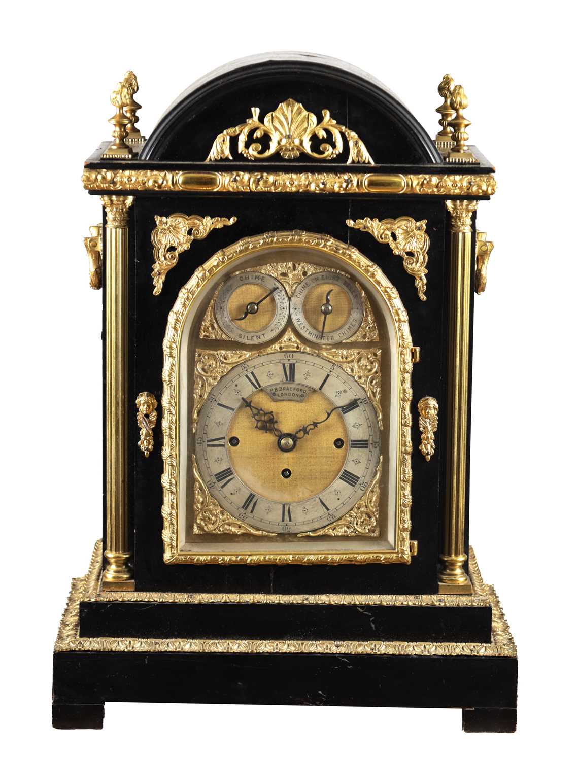 Lot 1240 - PB BRADFORD, LONDON, A LARGE LATE 19TH CENTURY ORMOLU MOUNTED EBONISED QUARTER CHIMING BRACKET CLOCK