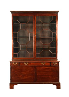 Lot 1625 - A GOOD GEORGE III FIGURED MAHOGANY SECRETAIRE LOW WAISTED BOOKCASE