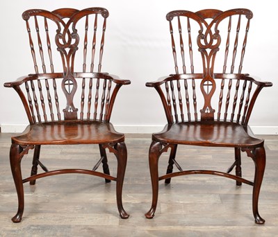 Lot 1652 - A PAIR OF 19TH CENTURY STYLE YEW WOOD WINDSOR ARMCHAIRS