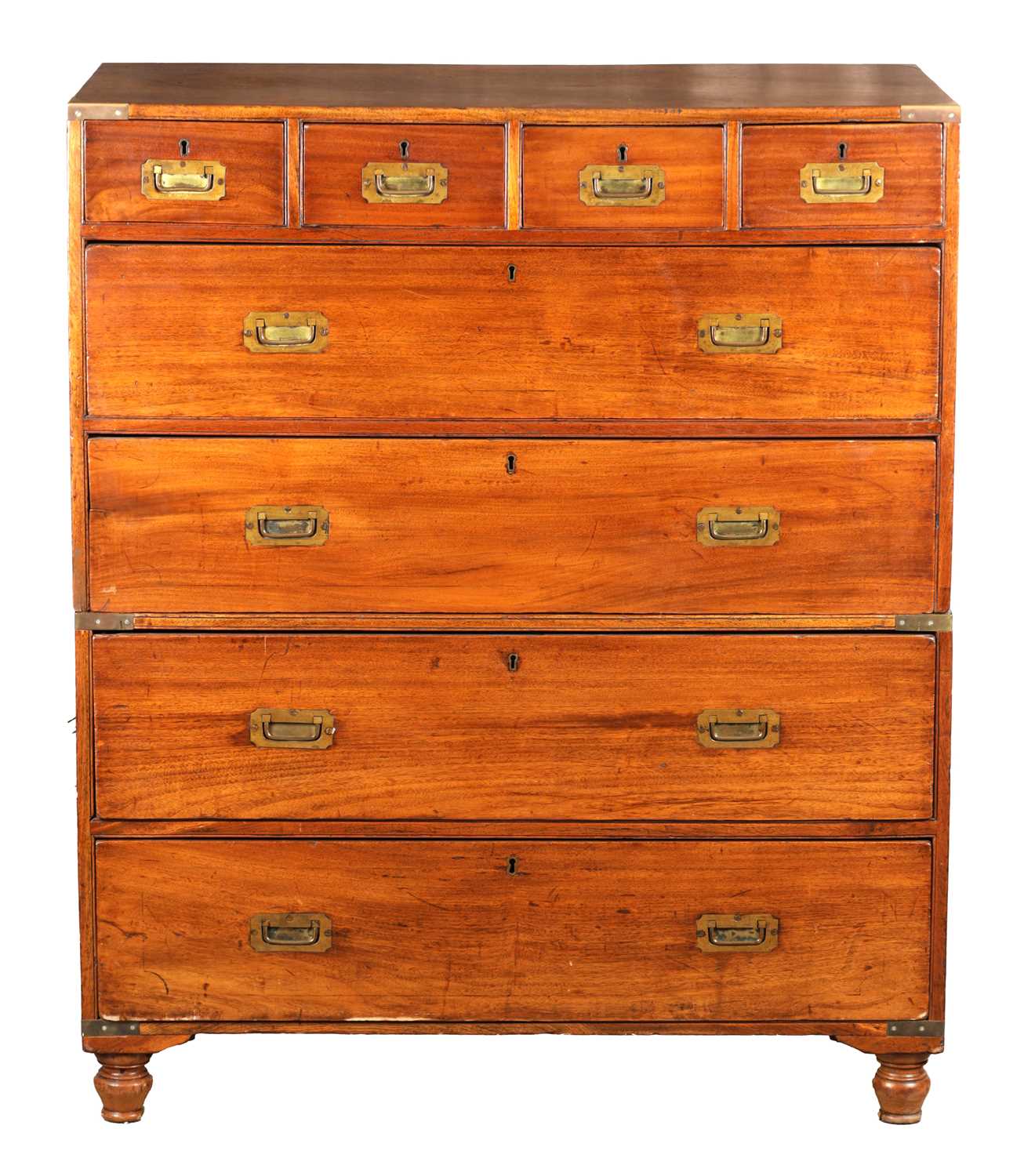 Lot 1491 - A 19TH CENTURY CAMPHOR WOOD CAMPAIGN CHEST OF DRAWERS