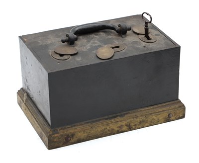 Lot 1163 - A 19TH CENTURY BRASS AND STEEL STRONG BOX