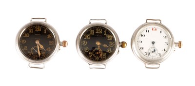 Lot 370 - THREE EARLY 20TH CENTURY WWI ENGLISH SILVER CASED TRENCH WATCHES, TWO BY LONGINES