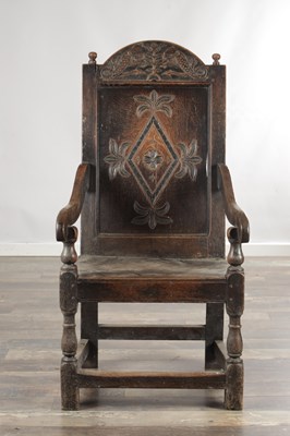 Lot 1543 - A 17TH CENTURY YORKSHIRE OAK WAINSCOT ARMCHAIR