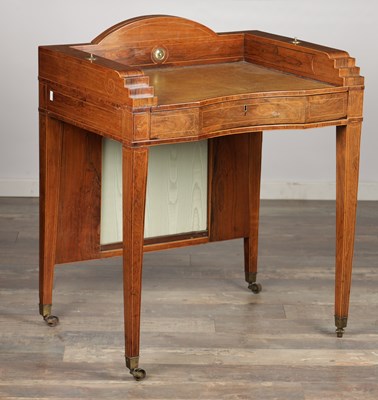 Lot 1531 - A REGENCY WALNUT WRITING DESK WITH GALLERIED BACK