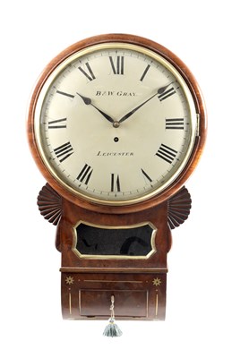Lot 1309 - B & W. GRAY, LEICESTER. A LATE REGENCY BRASS INLAID FIGURED MAHOGANY DROP DIAL WALL CLOCK