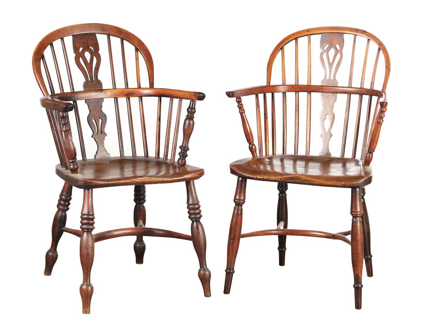 Lot 1502 - TWO YEW WOOD LOW-BACK WINDSOR ARMCHAIRS