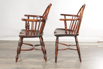Lot 1502 - TWO YEW WOOD LOW-BACK WINDSOR ARMCHAIRS