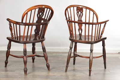 Lot 1502 - TWO YEW WOOD LOW-BACK WINDSOR ARMCHAIRS