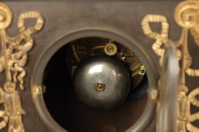 Lot HÉMON OF PARIS. A LARGE MID 19TH CENTURY FRENCH BRONZE, ORMOLU AND SIENNA MARBLE MANTEL CLOCK