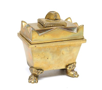 Lot A REGENCY CAST BRASS SARCOPHAGUS FORM BOX WITH NAPOLEON'S HAT FINIAL