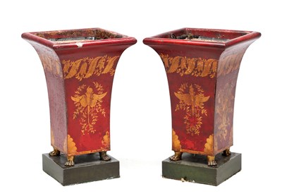 Lot A PAIR OF FRENCH REGENCY RED TOLE PEINTE VASES ON LION PAW FEET
