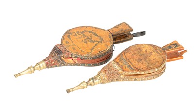 Lot TWO 19TH CENTURY PAINTED LEATHER AND BRASS-MOUNTED FIRE BELLOWS
