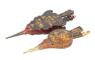 Lot TWO 19TH CENTURY FRENCH LACQUERED WOOD AND LEATHER FIRE BELLOWS WITH CHINOISERIE DECORATION