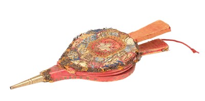 Lot AN EARLY 19TH CENTURY LEATHER FIRE BELLOWS WITH EMBROIDERED AND BEADWORK PANEL AND BRASS NOZZLE
