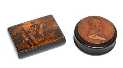 Lot TWO 19TH CENTURY PAPIER-MACHE SNUFF BOXES WITH NAPOLEONIC DECORATION