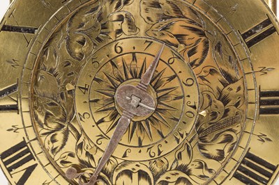 Lot JOHN HARRIS, LONDON. A CHARLES II BRASS STRIKING LANTERN CLOCK WITH BALANCE WHEEL VERGE ESCAPEMENT