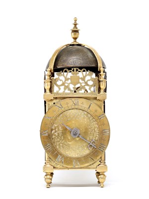 Lot PETER CLOSON, NEAR HOLBORNE BRIDGE, LONDON A FIRST PERIOD BRASS STRIKING LANTERN CLOCK