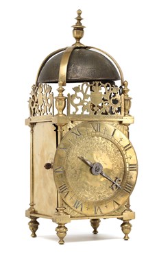 Lot PETER CLOSON, NEAR HOLBORNE BRIDGE, LONDON A FIRST PERIOD BRASS STRIKING LANTERN CLOCK
