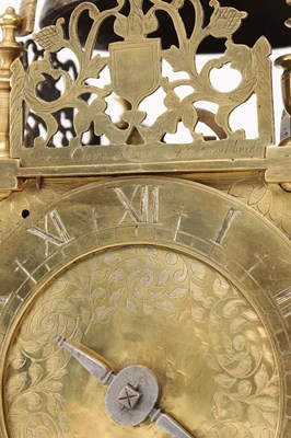 Lot PETER CLOSON, NEAR HOLBORNE BRIDGE, LONDON A FIRST PERIOD BRASS STRIKING LANTERN CLOCK