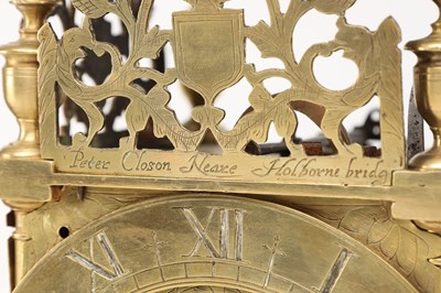 Lot PETER CLOSON, NEAR HOLBORNE BRIDGE, LONDON A FIRST PERIOD BRASS STRIKING LANTERN CLOCK