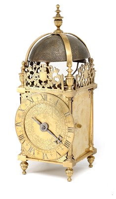 Lot PETER CLOSON, NEAR HOLBORNE BRIDGE, LONDON A FIRST PERIOD BRASS STRIKING LANTERN CLOCK