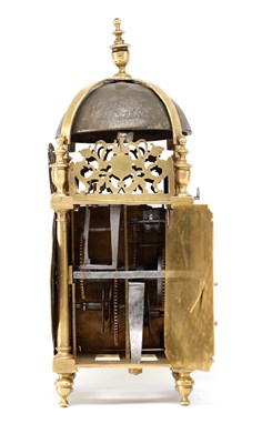 Lot PETER CLOSON, NEAR HOLBORNE BRIDGE, LONDON A FIRST PERIOD BRASS STRIKING LANTERN CLOCK