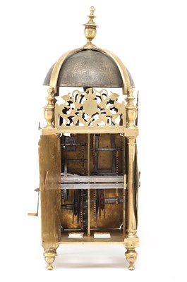 Lot PETER CLOSON, NEAR HOLBORNE BRIDGE, LONDON A FIRST PERIOD BRASS STRIKING LANTERN CLOCK