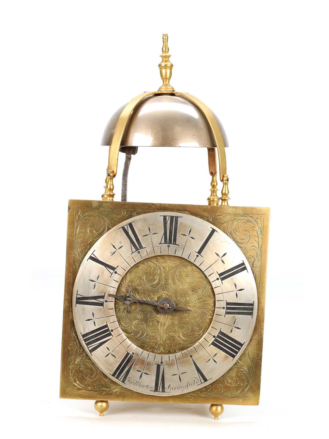 Lot JOSEPH MARTIN, SPRINGFIELD (ESSEX). A WILLIAM AND MARY SQUARE DIAL STRIKING LANTERN CLOCK