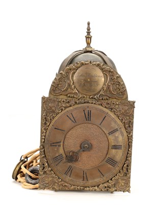 Lot JOHN MONKHOUSE, LONDON. A GEORGE II BRASS VERGE STRIKING LANTERN CLOCK