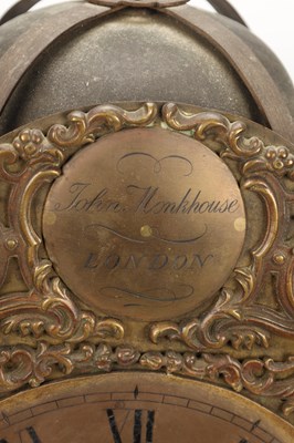 Lot JOHN MONKHOUSE, LONDON. A GEORGE II BRASS VERGE STRIKING LANTERN CLOCK