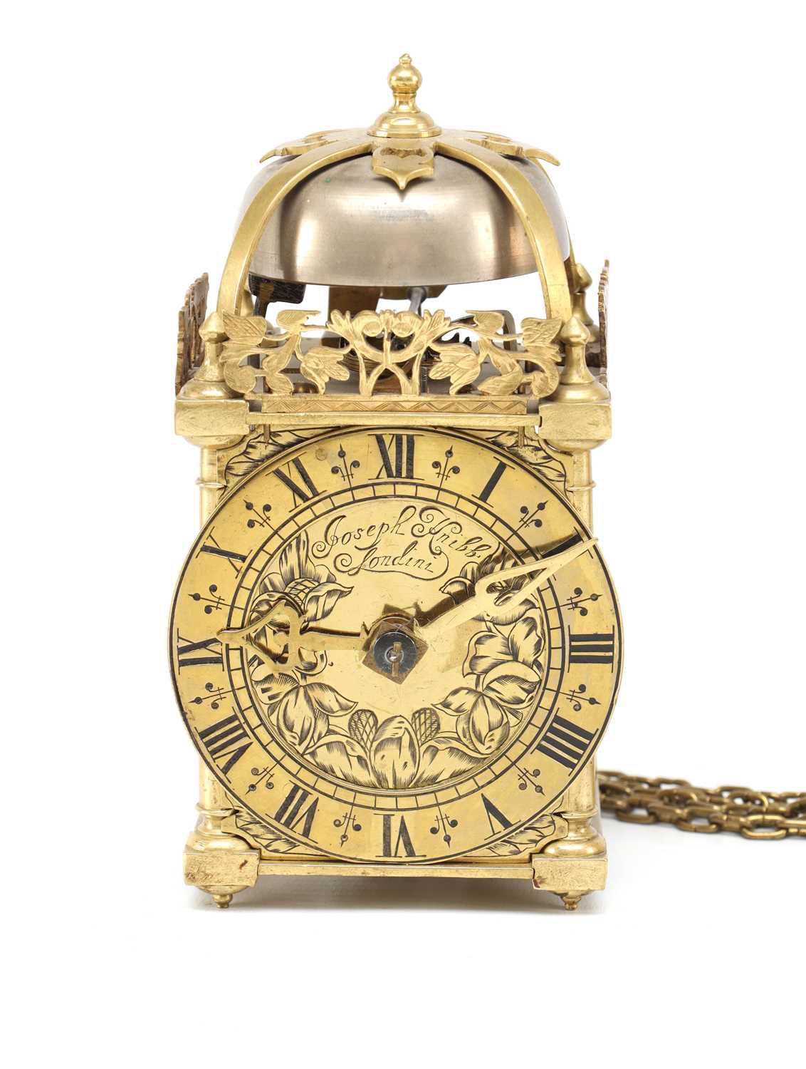 Lot JOSEPH KNIBB, LONDON. A WILLIAM AND MARY MINIATURE STRIKING VERGE LANTERN CLOCK