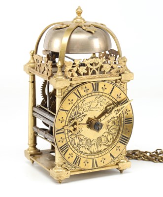 Lot JOSEPH KNIBB, LONDON. A WILLIAM AND MARY MINIATURE STRIKING VERGE LANTERN CLOCK