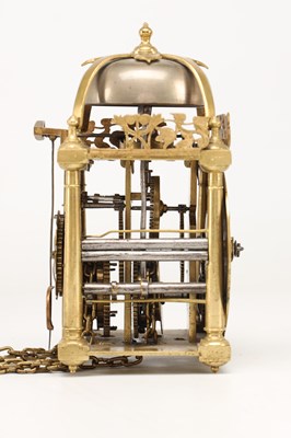 Lot JOSEPH KNIBB, LONDON. A WILLIAM AND MARY MINIATURE STRIKING VERGE LANTERN CLOCK