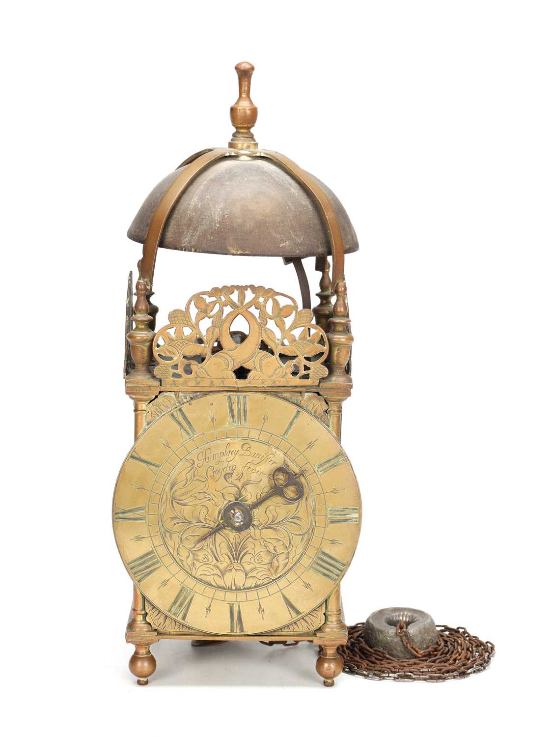 Lot HUMPHREY BANNISTER, CROYDON. A CHARLES II BRASS STRIKING LANTERN CLOCK