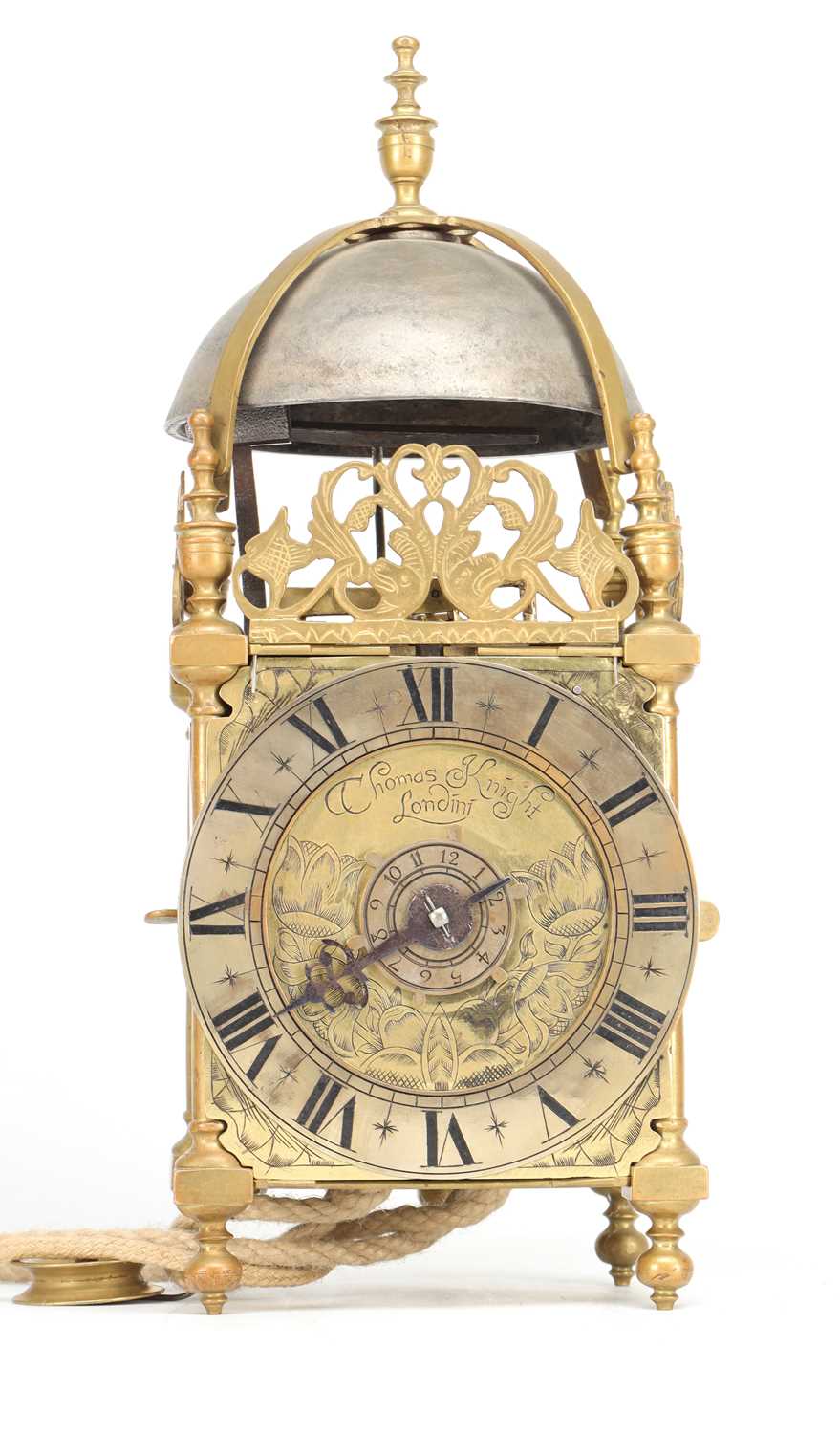Lot THOMAS KNIGHT, LONDON. A 17TH CENTURY BRASS VERGE STRIKING LANTERN CLOCK WITH ALARM