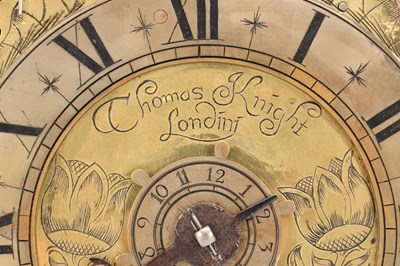 Lot THOMAS KNIGHT, LONDON. A 17TH CENTURY BRASS VERGE STRIKING LANTERN CLOCK WITH ALARM