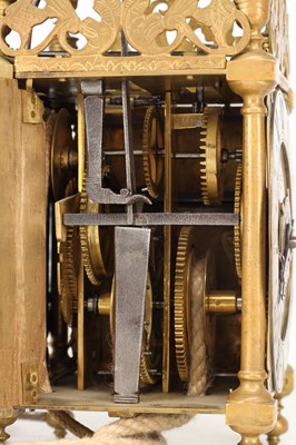 Lot THOMAS KNIGHT, LONDON. A 17TH CENTURY BRASS VERGE STRIKING LANTERN CLOCK WITH ALARM