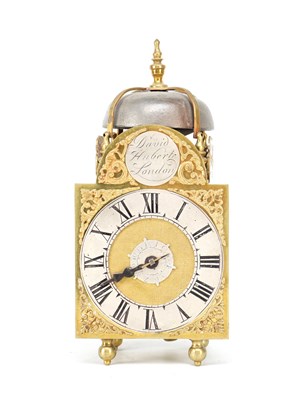 Lot DAVID HUBERT, LONDON. A MINIATURE GEORGE II VERGE LANTERN CLOCK WITH ALARM