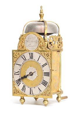 Lot DAVID HUBERT, LONDON. A MINIATURE GEORGE II VERGE LANTERN CLOCK WITH ALARM