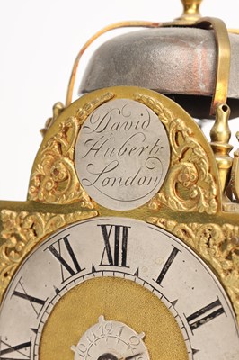 Lot DAVID HUBERT, LONDON. A MINIATURE GEORGE II VERGE LANTERN CLOCK WITH ALARM
