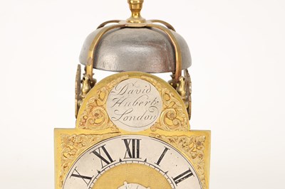 Lot DAVID HUBERT, LONDON. A MINIATURE GEORGE II VERGE LANTERN CLOCK WITH ALARM