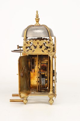 Lot DAVID HUBERT, LONDON. A MINIATURE GEORGE II VERGE LANTERN CLOCK WITH ALARM