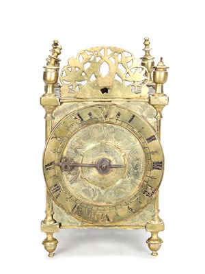 Lot A FIRST PERIOD ENGLISH BRASS LANTERN CLOCK WITH TULIP ENGRAVED DIAL