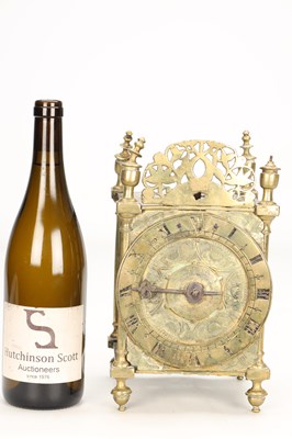 Lot A FIRST PERIOD ENGLISH BRASS LANTERN CLOCK WITH TULIP ENGRAVED DIAL