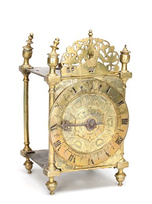 Lot A FIRST PERIOD ENGLISH BRASS LANTERN CLOCK WITH TULIP ENGRAVED DIAL