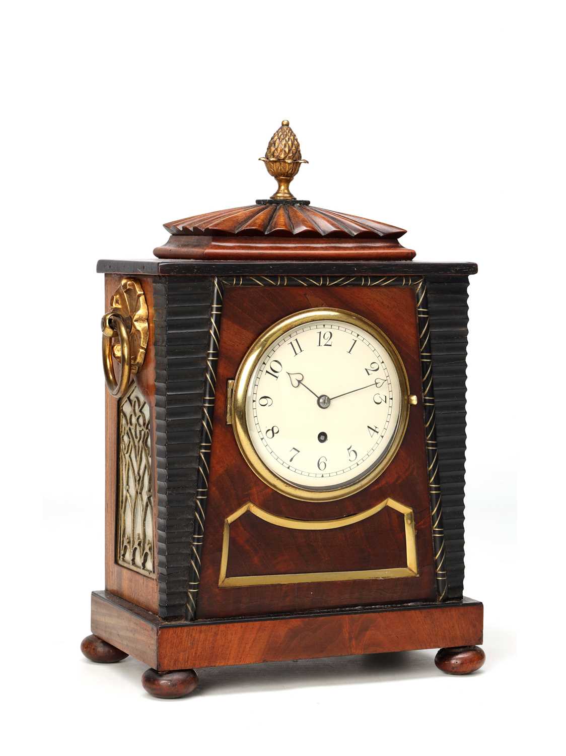 Lot WILLIAM PAYNE, LONDON. A SMALL REGENCY EGYPTIAN STYLE MAHOGANY AND EBONISED FUSEE MANTEL CLOCK