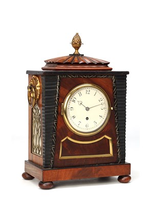 Lot WILLIAM PAYNE, LONDON. A SMALL REGENCY EGYPTIAN STYLE MAHOGANY AND EBONISED FUSEE MANTEL CLOCK
