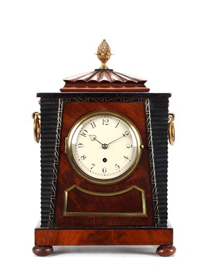 Lot WILLIAM PAYNE, LONDON. A SMALL REGENCY EGYPTIAN STYLE MAHOGANY AND EBONISED FUSEE MANTEL CLOCK