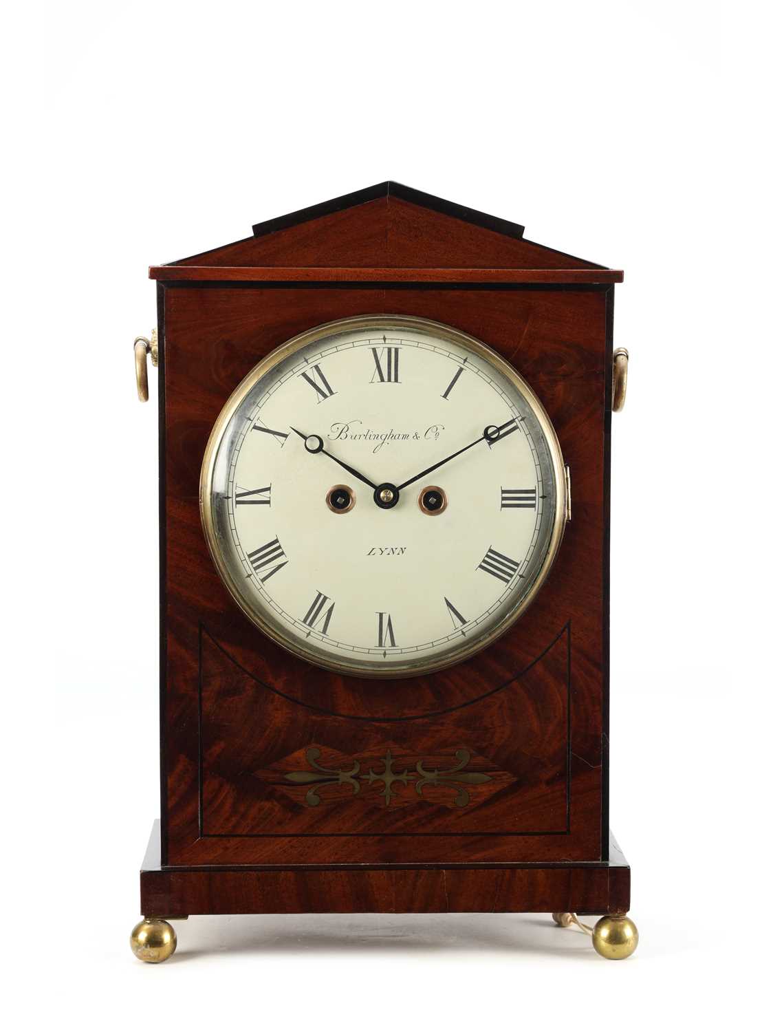 Lot BURLINGHAM & CO, LYNN, AN EARLY 19TH CENTURY FIGURED MAHOGANY BRASS INLAID BRACKET CLOCK