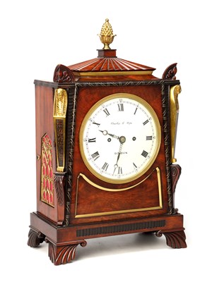 Lot 116 - CHARLES COPE, LONDON A REGENCY FIGURED MAHOGANY EGYPTIAN DOUBLE FUSEE BRACKET CLOCK